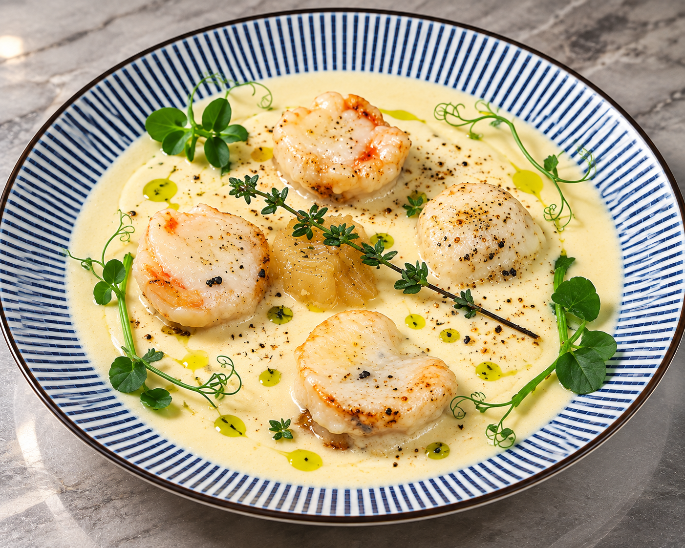 Capesante Sous Vide · Gamberi · Salsa al Parmigiano · Olio al Basilico