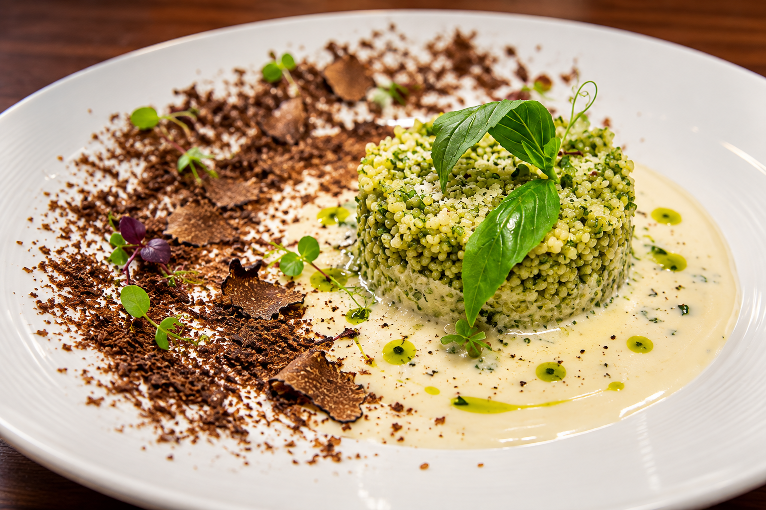 Cous Cous al Pesto di Basilico · Crema di Gorgonzola · Cioccolato Fondente
