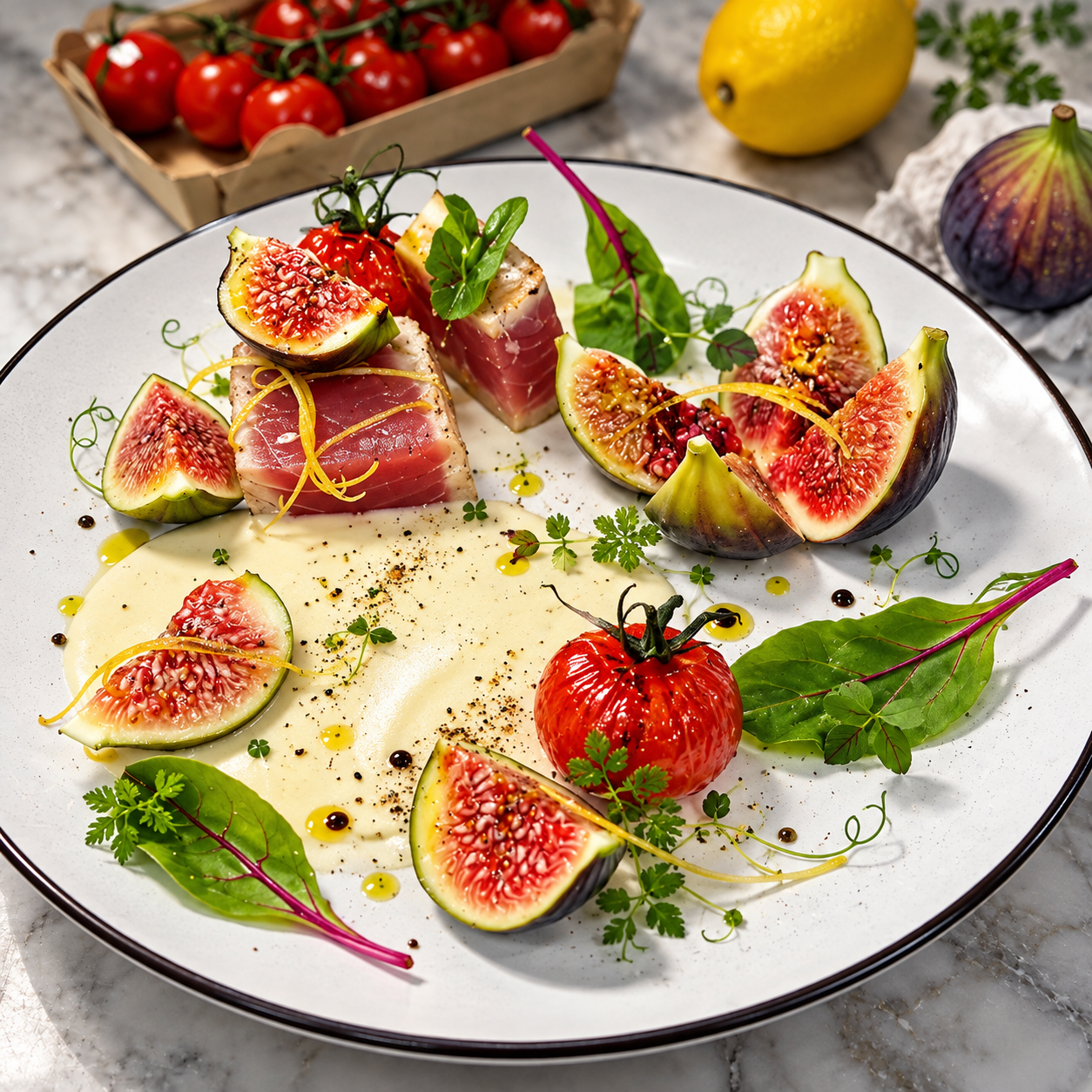 Filetto di Tonno Scottato · Salsa allo Zafferano · Fichi Caramellati Salati