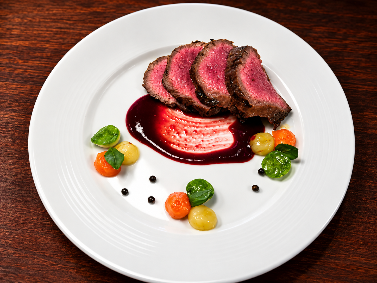 Filetto di Manzo · Salsa ai Mirtilli · Bouquet di Verdure al Vapore